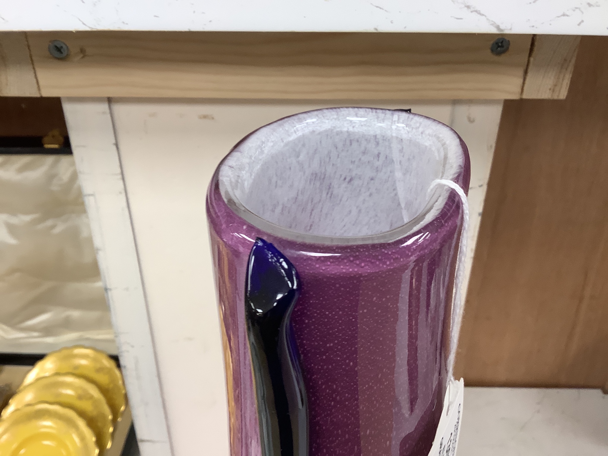 Elizabeth Graydon-Stannus, an unusual mottled pink and purple glass vase, circa 1930, of flattened pear form with applied blue lug handles, etched 'Gray-Stan' to base 44cm high